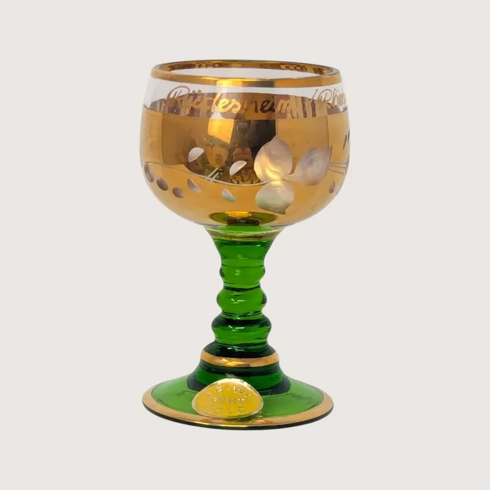 1960s Bohemian Green Glass High Enamel Gold Trim Bowl Cordial Set